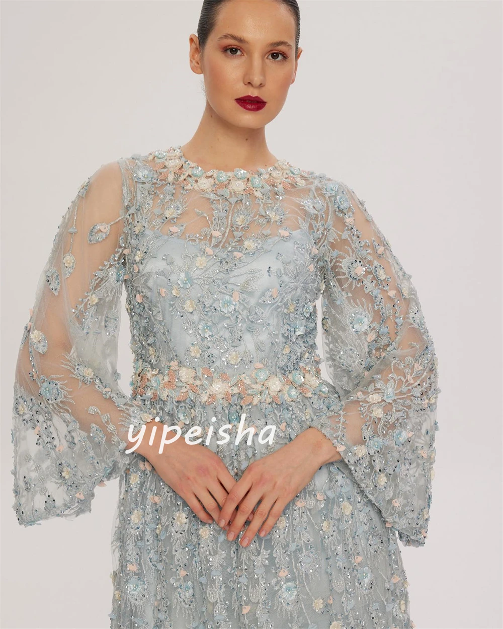 Lace Sequined Flower Beading Ruched Birthday A-line High Collar Bespoke Occasion Gown Long Dresses