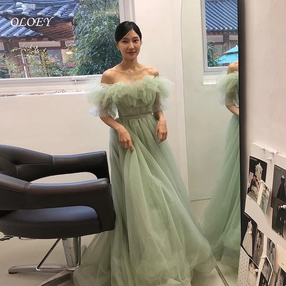 

OLOEY Korea Green Wedding Dresses A-line Off the Shoulde Floor-Length Tulle Bridal Gown Custom Made Ruffle Photo Shoot Dress