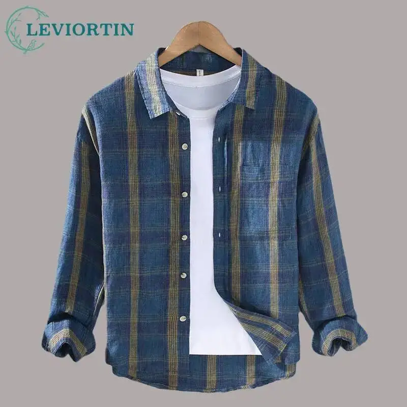 Spring and Autumn Men's Simple and Versatile Casual Linen Long sleeved Shirt Checkered Japanese Retro Collar Outerwear Top
