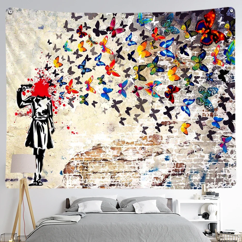 Banksy Butterfly Brains Girl Graffiti Art Tapestry Wall Hanging Bohemian Living Room Aesthetics Home Background Yoga Cloth Decor