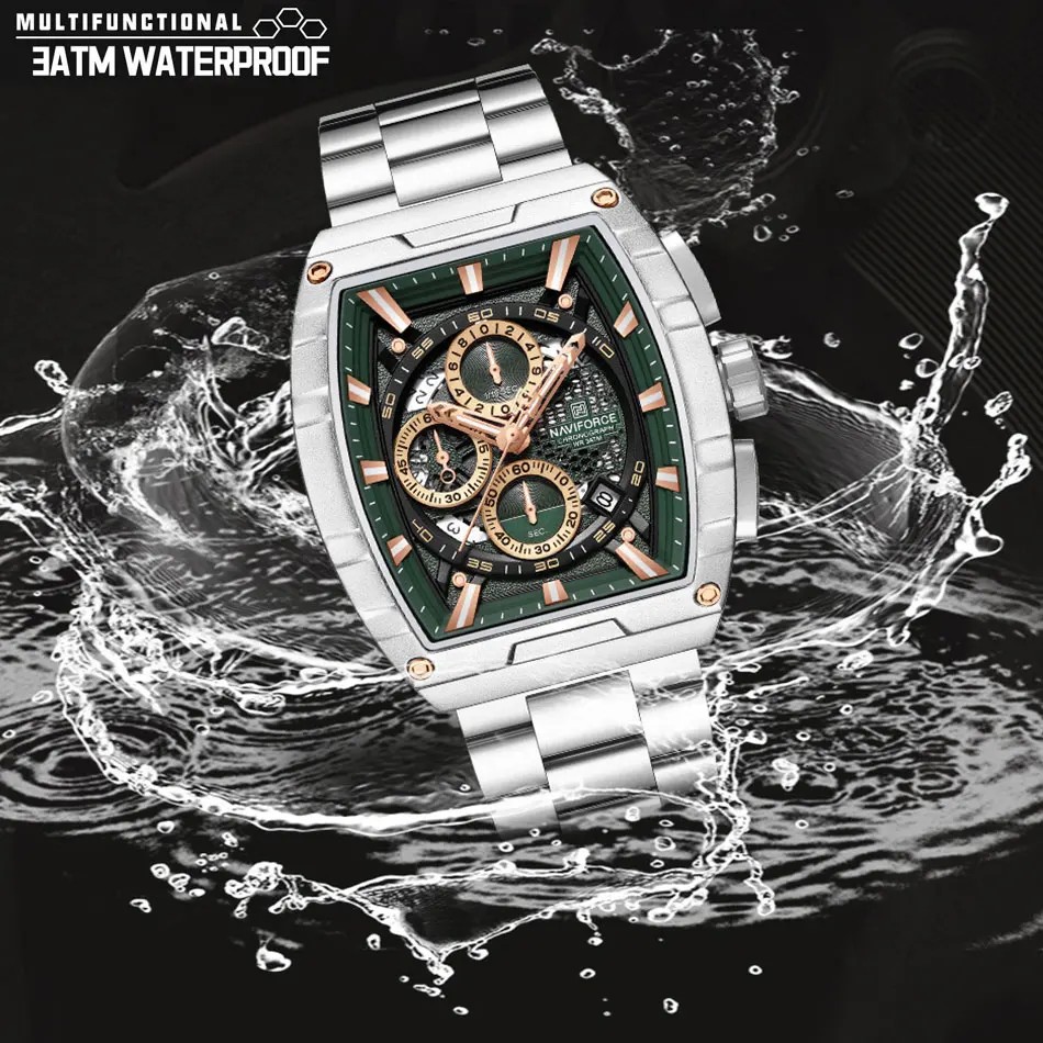 NAVIFORCE Quartz Watch for Men Fashion Waterproof Luminous Chronograph Wristwatch Auto Date Stainless Steel Strap Clock Gift