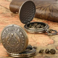 Vintage Dragon Wings Pocket Watch Case with 7pcs Tiny Polyhedral Metal Dice Set Role Playing Board Games Accessories
