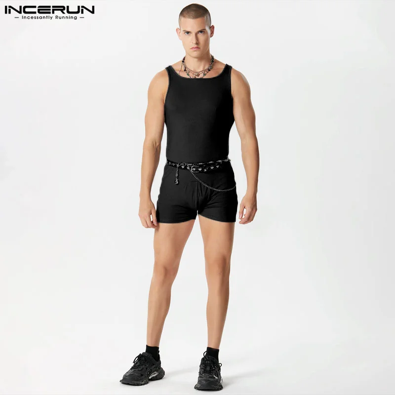 

INCERUN 2023 Sexy Style Men Rompers Fashion Suspender Design Jumpsuits Fashionable Male Striped Solid Sleeveless Bodysuits S-3XL