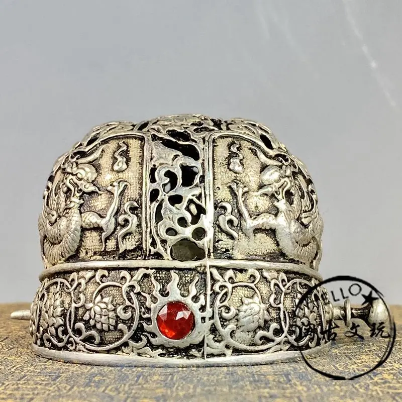 Treasure white copper silver-plated hand-carved double dragon pattern crown decorative official hat hair crown
