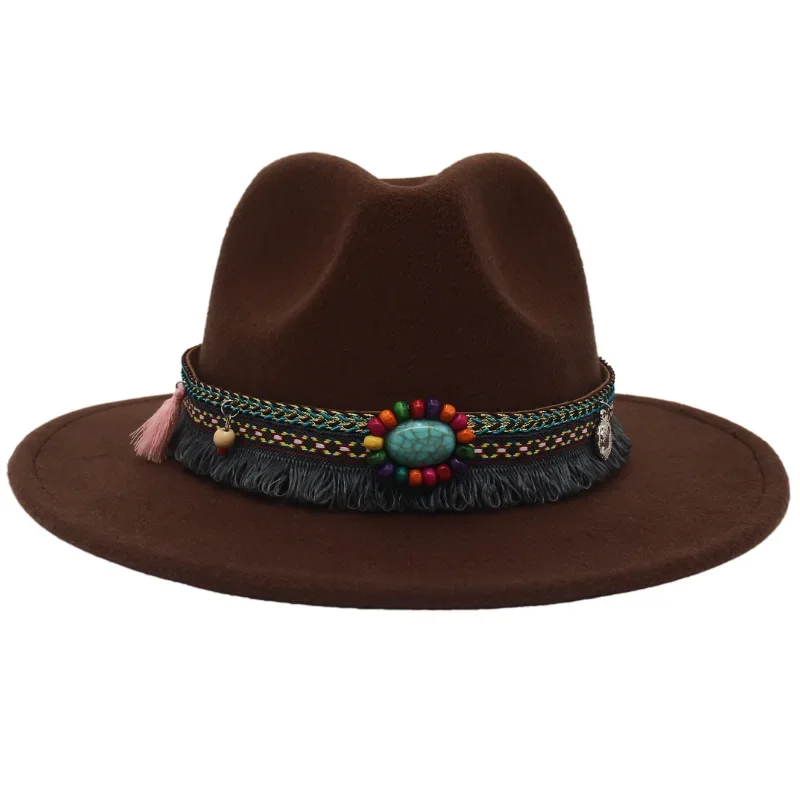 Nuevo sombrero fedora de ala ancha de baile de estilo étnico Sombrero de fieltro casual de lana de imitación de mujer de 52-62 cm sombrero