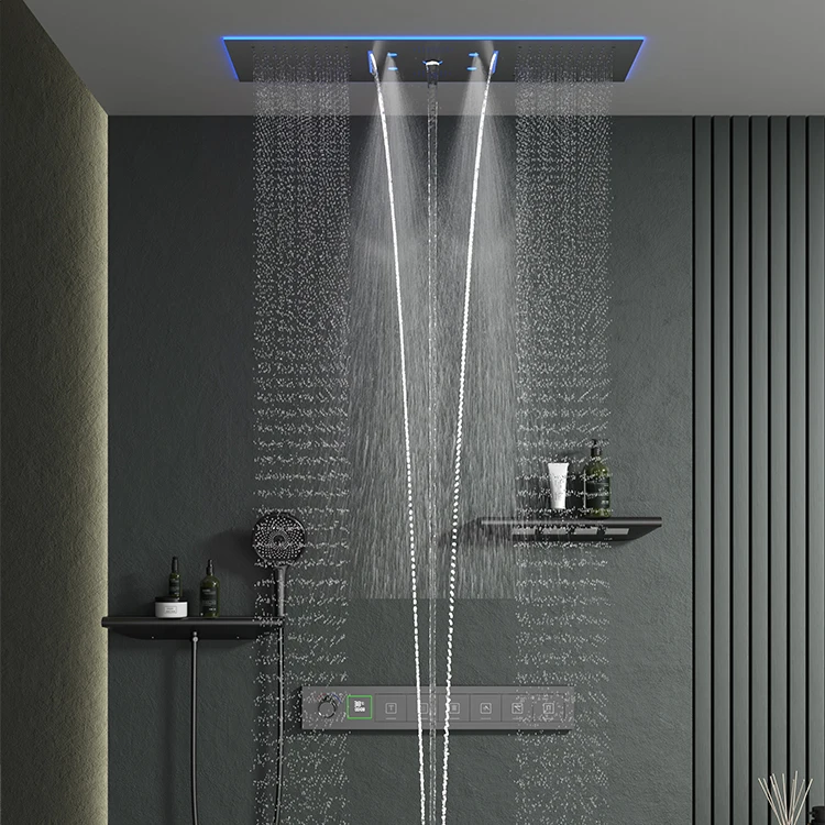 Rack Thermostatic Shower Faucet Set LED Intelligent Shower Mixer Set Ceiling Mounted Rain Mist Waterfall Shower with Storage