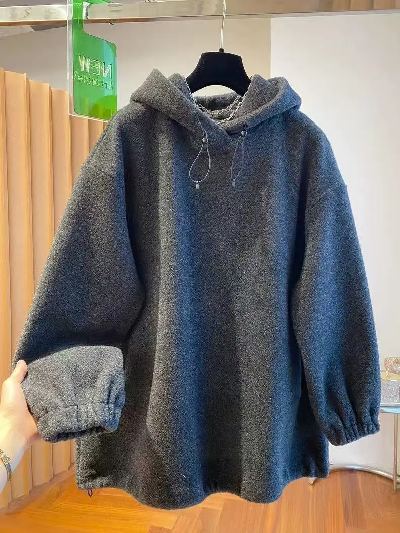 

plus Size Red Lamb Fur Hoodie Autumn Winter Thickened Warm Long Sleeve Women's Sweatshirt Trendy Butt Covering Top