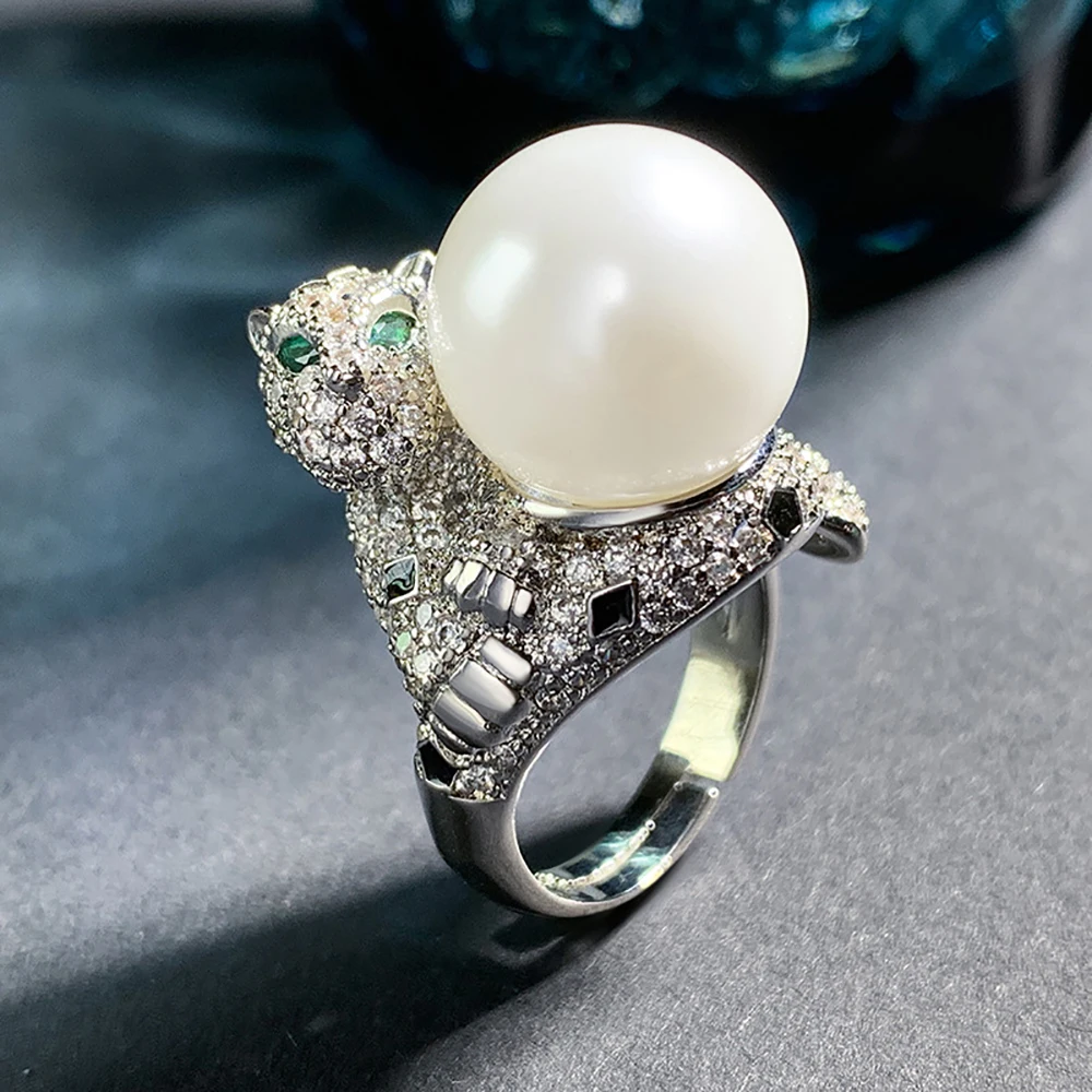 Charms 14MM White Black Pearl Leopard Adjustable Rings for Women Emerald Lab Diamond Cocktail Party Fine Jewelry Birthday Gift