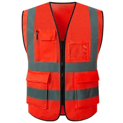 Red One Reflective Vest Safety Vest for Men Working Vest Workwear with Many Pockets Security Vest for Men Hi Vis Breathable Mesh