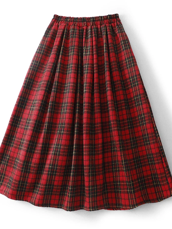Authentic 2026 Retro A-Line Midi Skirt Plaid Gingham Pleated High Waist Korean Style Commute Health Fabric No  City Use