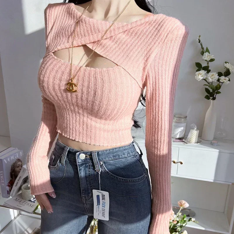 2023 Spring Women Solid Short T-Shirts Sexy Crop Top Long Sleeve Bandage Tee Tops Female Backless Fake Two Tshirt Korean Clothes