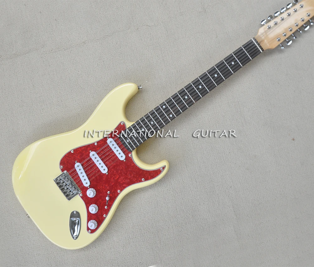 12 Strings Yellow Electric Guitar with Red Pickguard,Rosewood Fretboard,Customizable