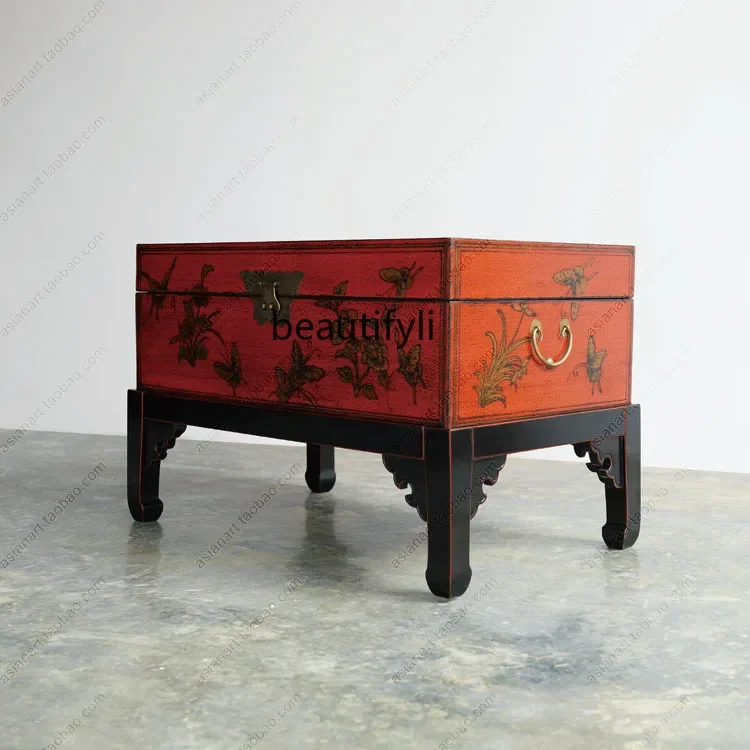 

New Chinese solid wood coffee table hand-painted butterfly old antique gold-painted box edge table