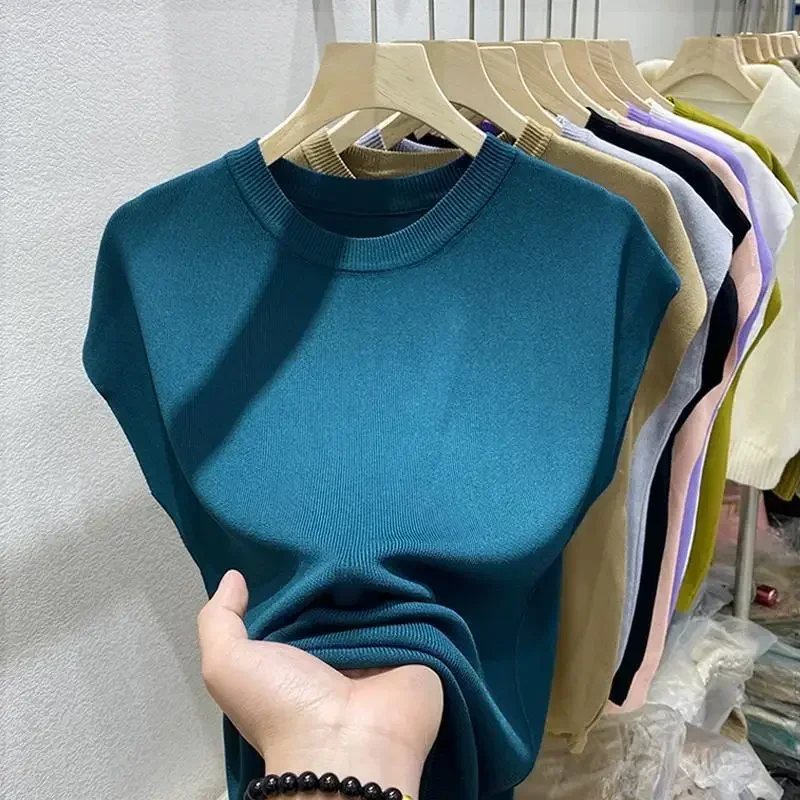 Klein Blue Elegant Blouses Summer O Neck Knitted Fashion Woman Blouse 2024 temperament Solid Color Oversized T-shirt Women