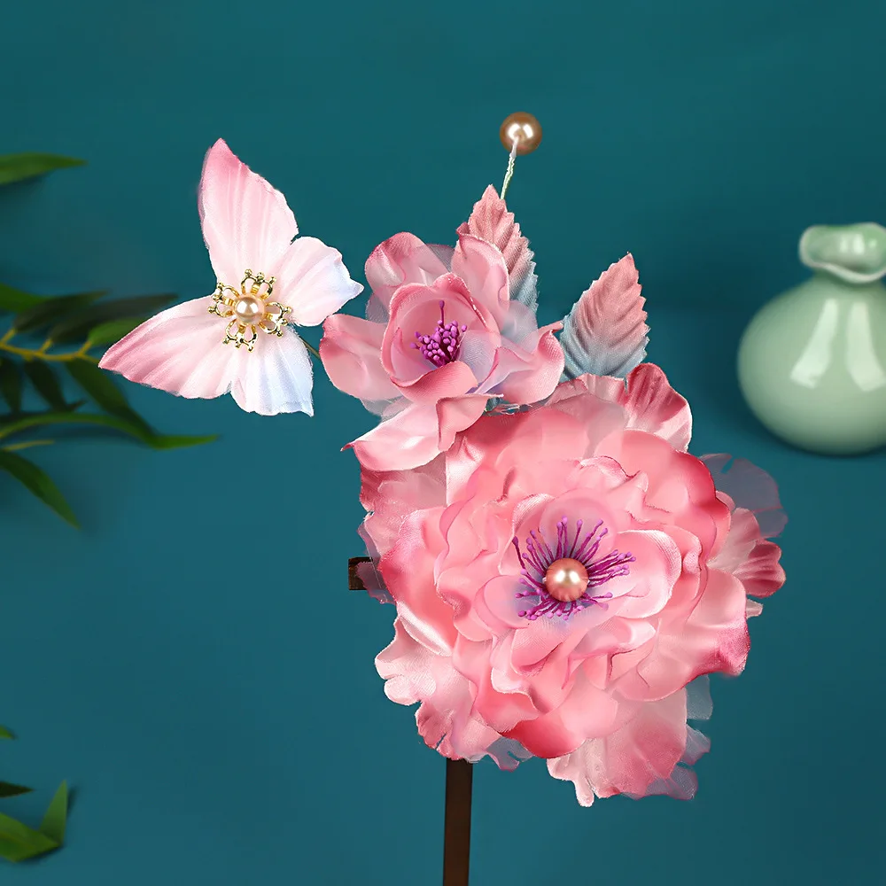 2026 New Handmade Chinese Style Pink Silk Flower Butterfly Faux Pearl Hair Clips Hairpins 2pcs Set For Hanfu Cosplay Wedding Par