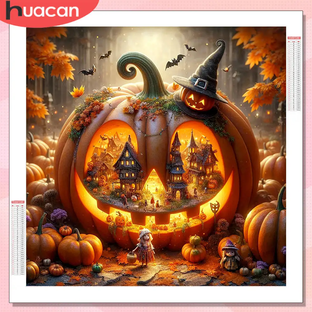 HUACAN 5D Diy Diamant Malerei Kürbis Landschaft Diamant Mosaik Halloween Schloss Dekor für Zuhause