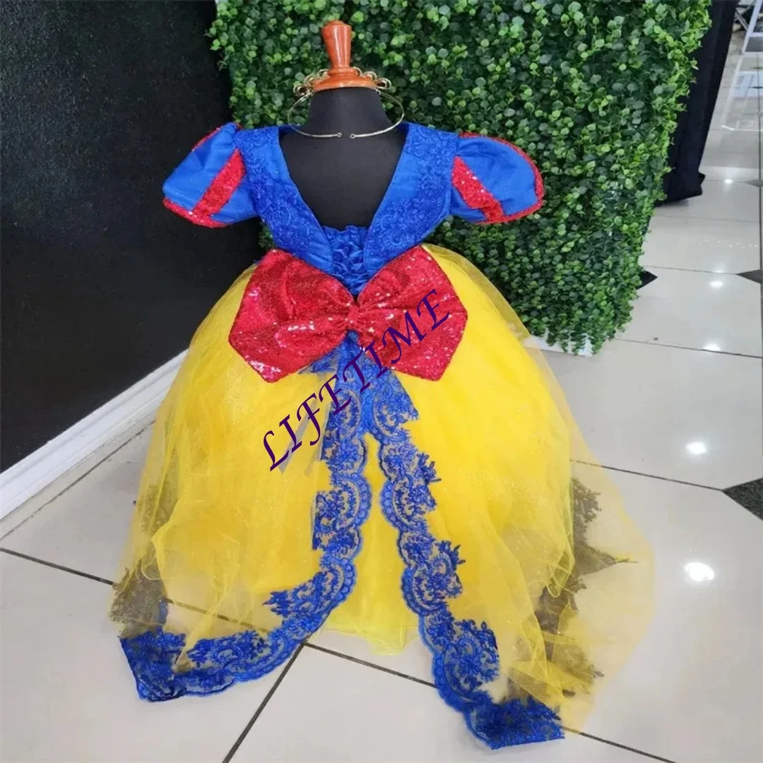 فساتين الأميرة زهرة فتاة لحفلات الزفاف مع القوس طفلة عيد ميلاد رداء حفلات الدانتيل يزين فساتين التواصل الأول حسب الطلب #2