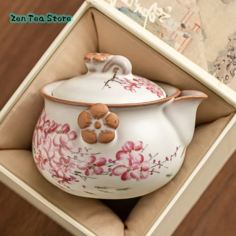 Lard Frozen Ru Kiln Teapot Single Pot Of Tea Plum Flower Vase Hand Grab Pot Single Chinese High-grade Ladies Tea Set