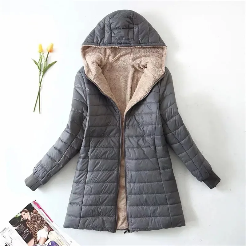 

2023 Winter Mid-Length Hooded Cotton Jacket Women Autumn Lightweight Plush Lining Solid Ladies Parka Loose Female Zipper Outwear