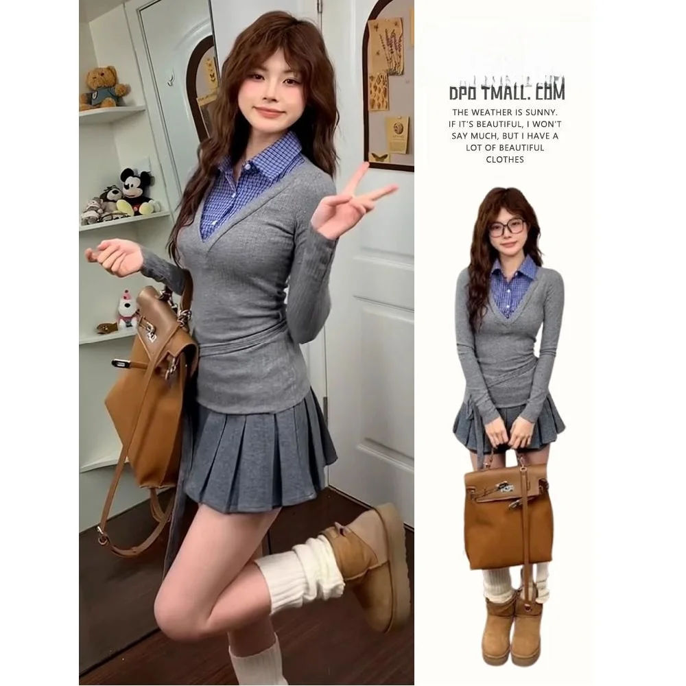 Gray Checkered Splice Slim Fit Long Sleeve T-Shirt Women's Autumn Design Sense Top Casual Style College Style Two-Piece Look