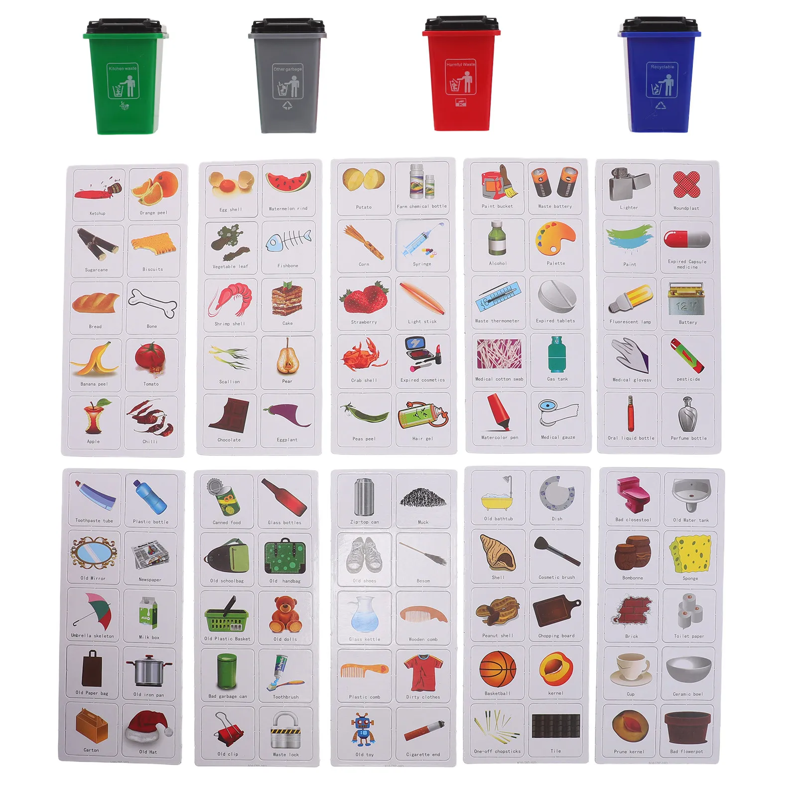 1Set Educational Waste Classification English Card Game Multicolor Garbage Sorting Bins Mini Trash Can Family Classroom