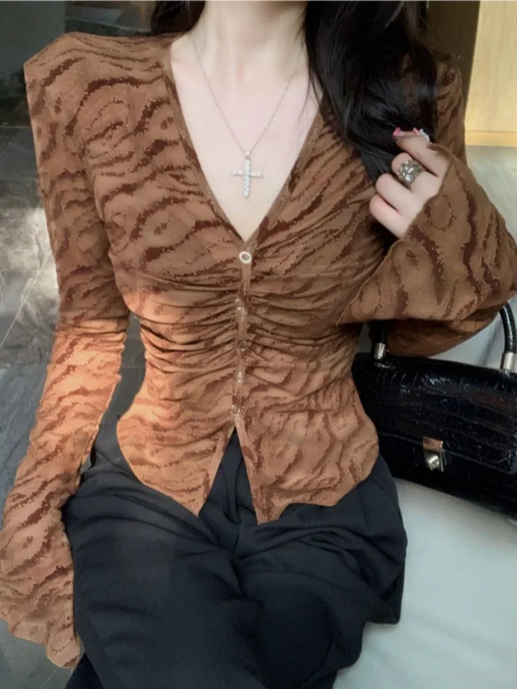 

Fashionable V-Neck Long Sleeve Tie-Dye T-Shirt Women's Sexy See-Through Bell Sleeve Top Autumn New Style Sweet Style Slim Fit