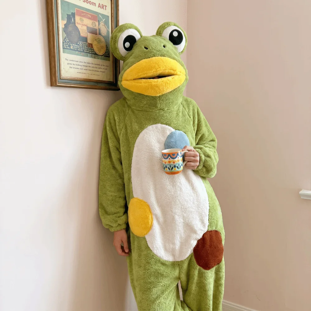 Warm Pumpkin Integrated Pajamas Soft Funny Frog Cartoon Animal Sleepwear Thickened Lined Fluffy Plush Cosplay Costume Winter