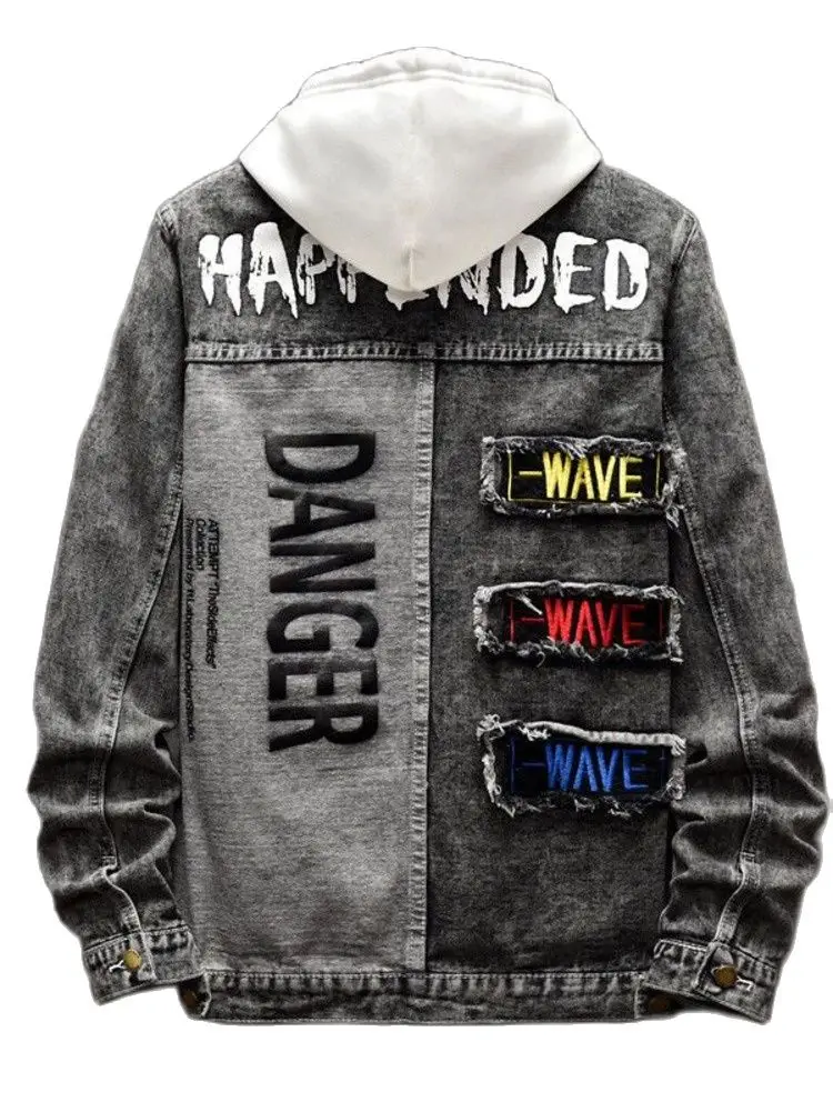 Men Vintage Denim Jacket Handsome Embroidery Jean Patchwork Long Sleeve Classic Outerwear Windbreaker Spring Autumn Coat