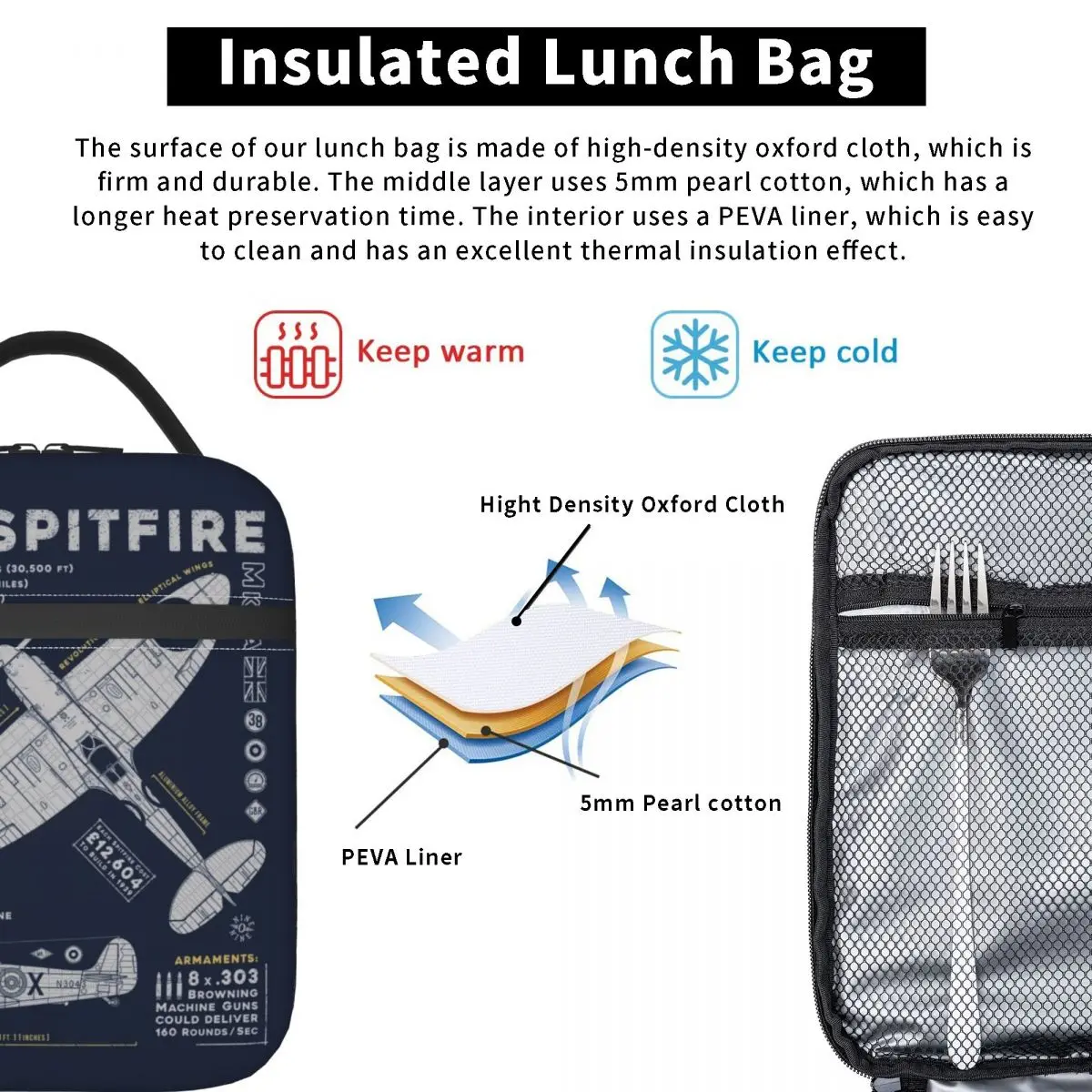 Supermarine Spitfire Insulated Lunch Bag Fighter Pilot Aircraft Airplane Plane Cooler Thermal Bento Box Kids School Children