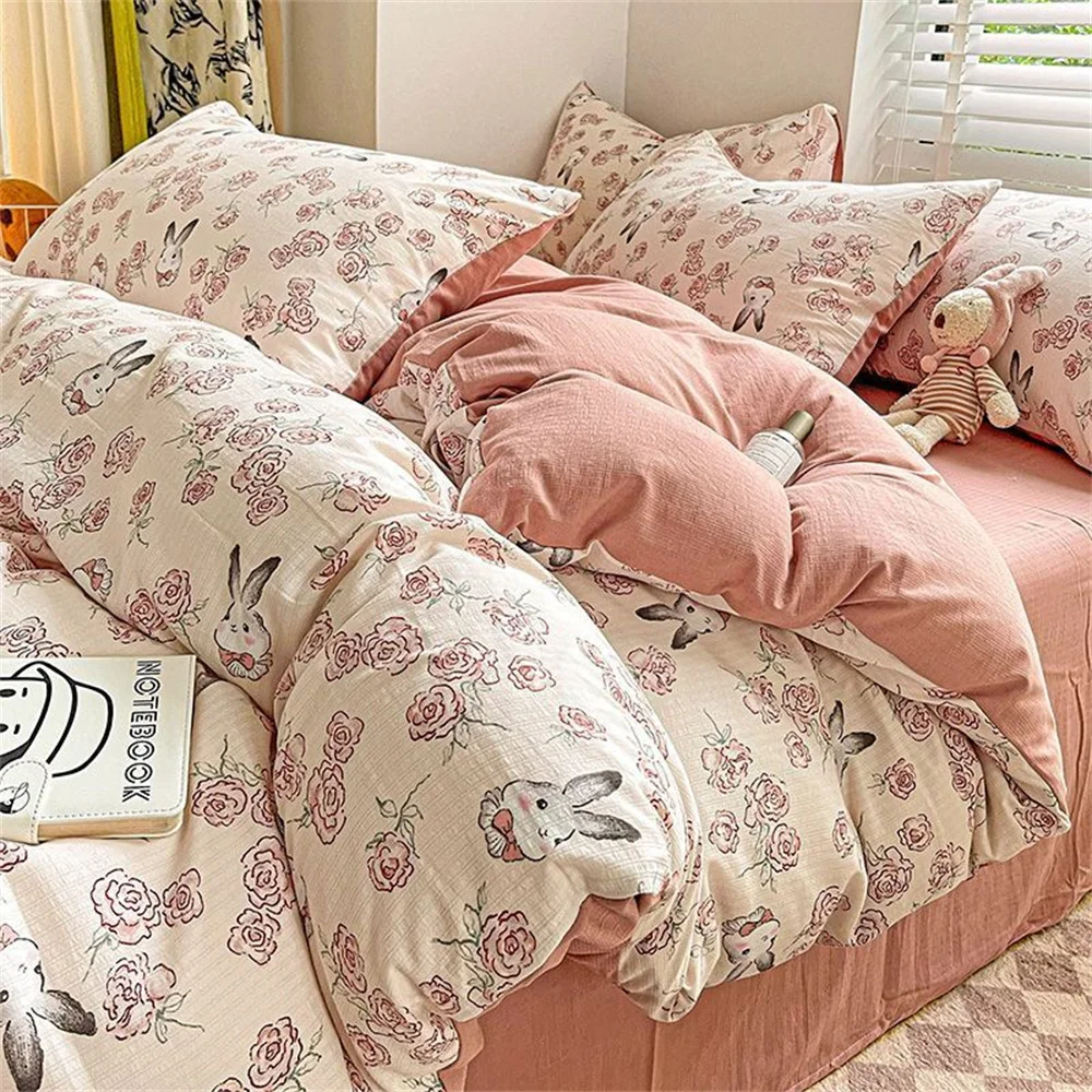 

European Flroal Style Bedding Set No Filler Soft Washed Cotton Single Double Size Girls Duvet Cover and Flat Sheet Pillowcases