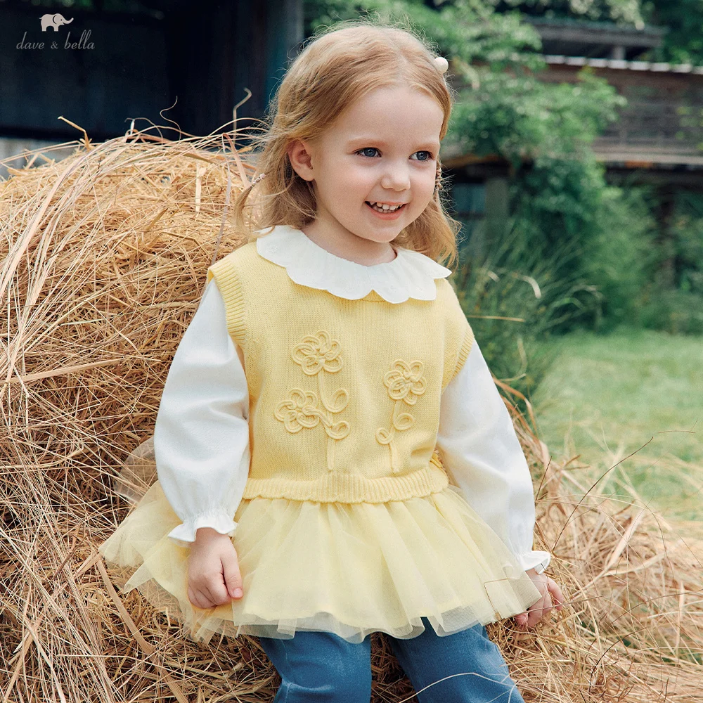 Dave Bella Sweater Vest Autumn Spring Girl Mesh Waistcoat Pullover Sleeveless Sweater Children Sweet Elegant Gathering DB3262787