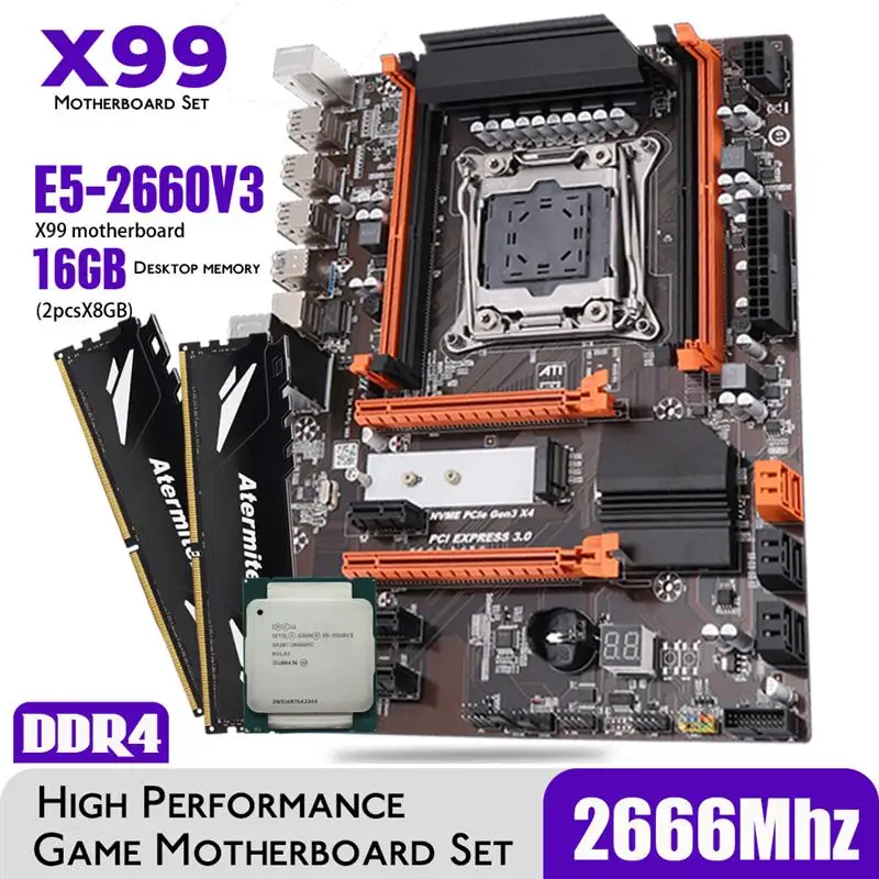 Go Atermiter X99 Turbo DDR4 D4 Motherboard Set With Xeon E5 2660 V3 LGA2011-3 CPU 2pcs X 8GB = 16GB 2666MHz RAM Desktop Memory