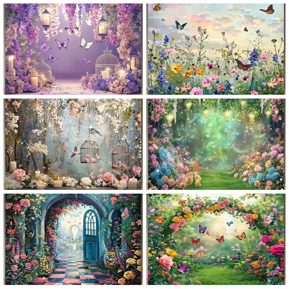 

Dreamy Spring Garden Numerous Flowers Butterflies Theme Photography Background Tea Party Decoration Wedding Supplies Backdrop