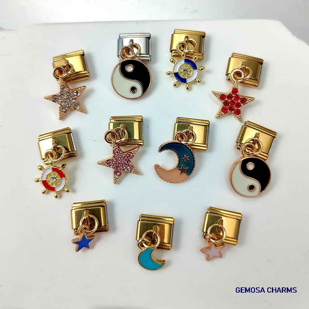 GEMOSA Trendy Gold Color Pendant Star Moon Compass Ship Rudder Bracelet Italian Link fit 9mm Stainless Steel Making Jewelry DIY