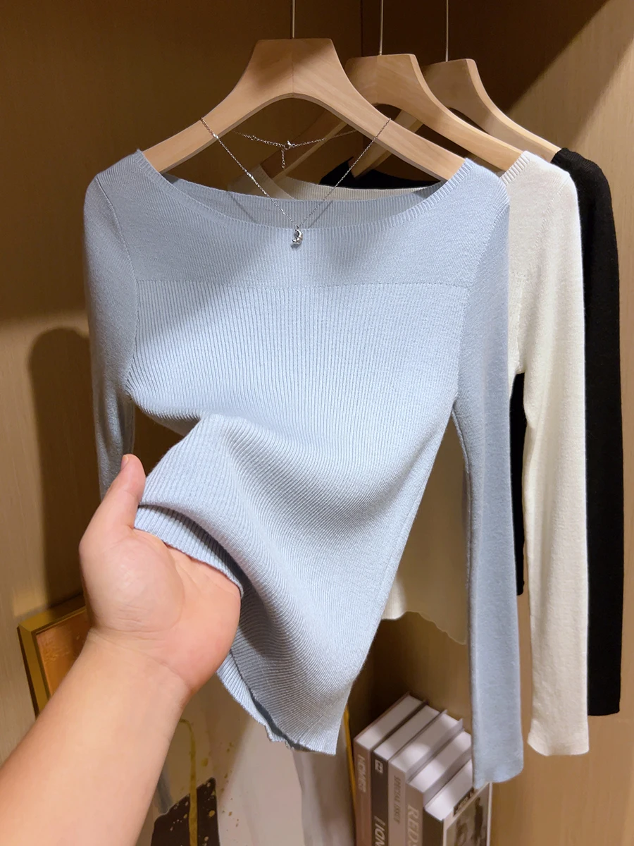 حجم كبير حصيرة المرأة جولة Ne Long Sve محبوك irt الأزرق التخسيس قاعدة طبقة أعلى الخريف الشتاء Faion ملابس داخلية