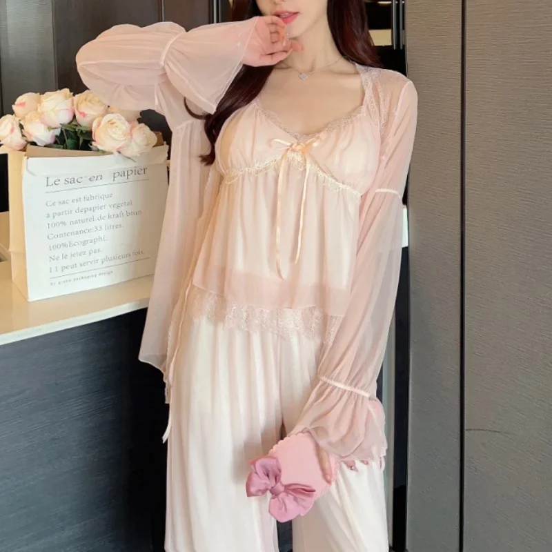 

Elegant Mesh 3PCS Pajamas Set Spring Summer Women Sleepwear Trouser Suits Home Clothing Loose Casual Pyjama Loungewear Lingerie