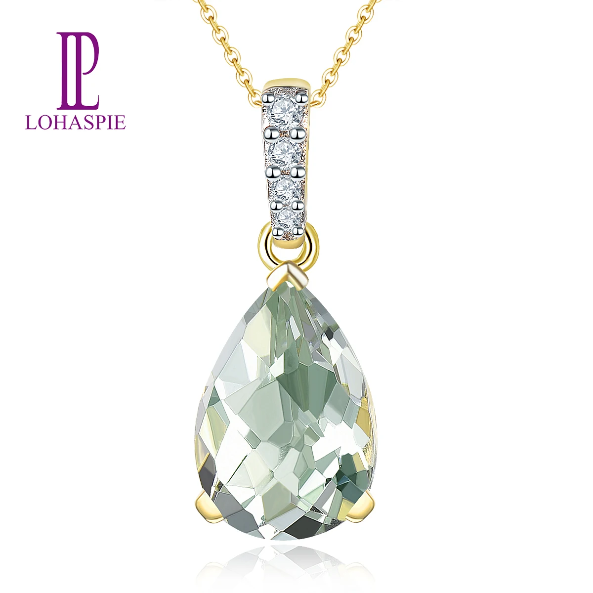 Lohaspie Water Drop 14k 585 Gold Pendant for Women Natural Green Amethyst Quartz Gemstone Real Diamond Fine Luxury jewelry