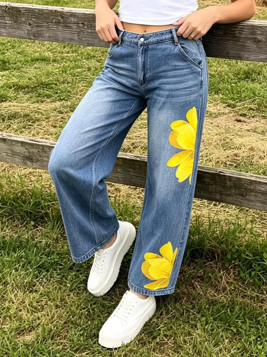 【HME】Jeans | Light‑Wash Printed Denim Pants For Women, Mid‑High Waist Wide‑Leg Straight Denim Jeans, Artistic Large Yellow Flower Print On Leg, Sturdy Denim Hold Silhouette, Practical 5‑Pocket Durable Structure, Relaxed Fit Hide Imperfections