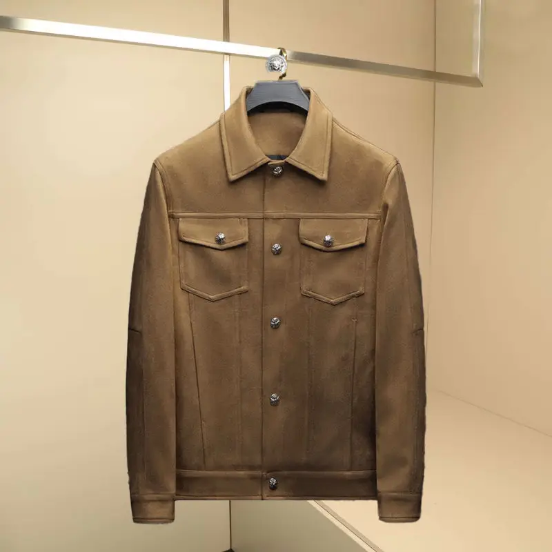 

Ретро-куртка из замши с воротником-стойкой, однотонная, в американском стиле, для мужчин, модная, весна-осень, новинка