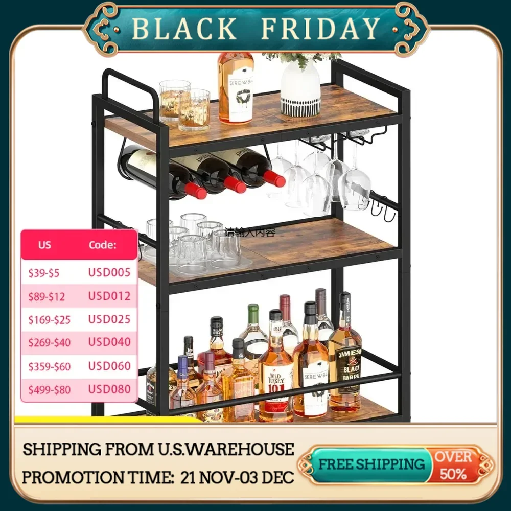 Bar service cart, service cart with wheels and handles, 3-tier rolling kitchen cart, drink cart with wine rack and glass rack