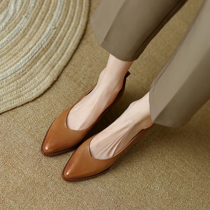 2024 new spring Women\'s pumps 22-24.5cm length natural leather sheepskin+pigskin full leather pointed toe thick heel women