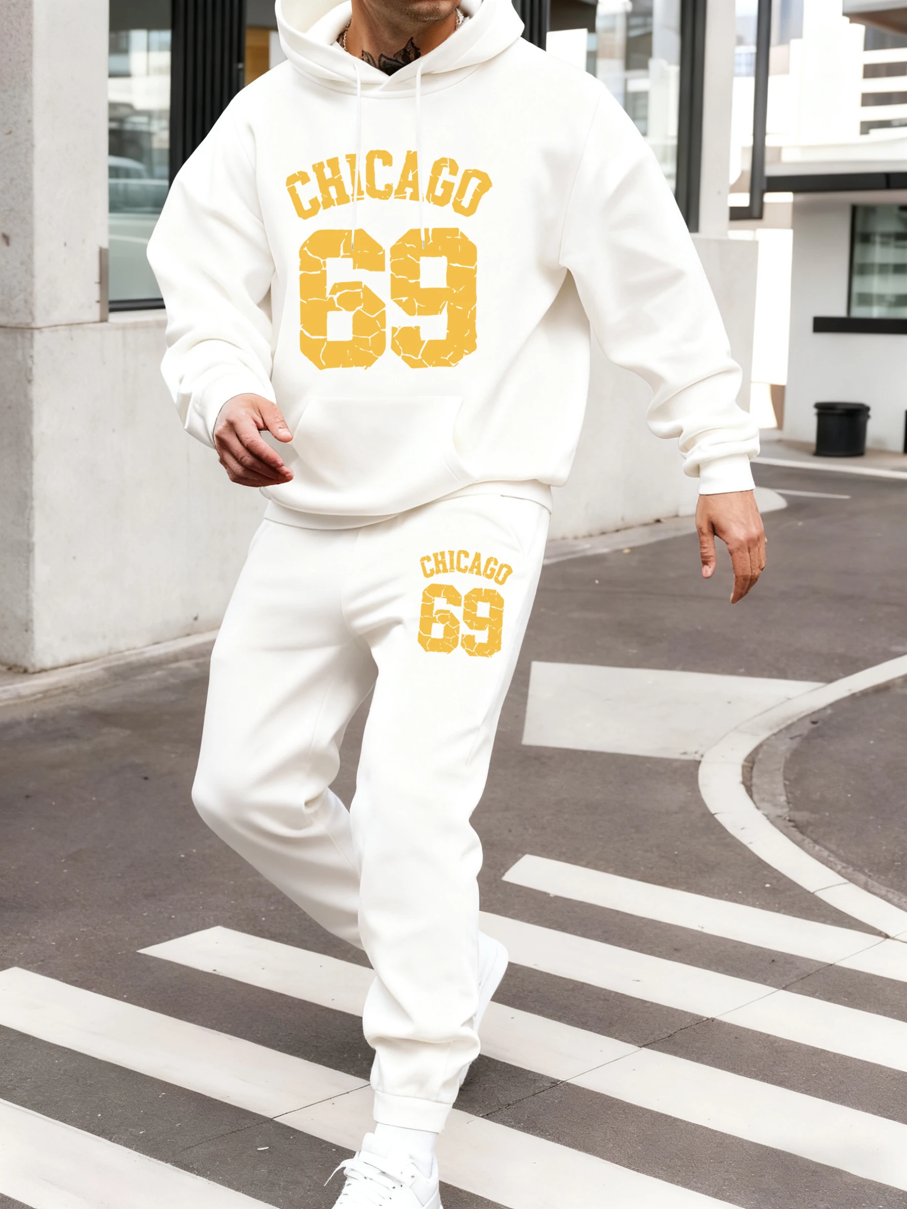 

Chicago Number 69 Creative Pattern Hoodie Set Men Street Pocket Sweatshirts Fleece All-Match Sweatpants Jogging Basic Long Pant
