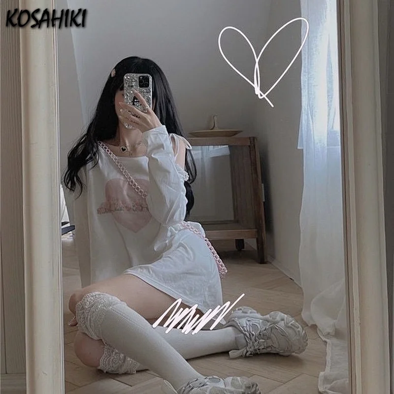 KOSAHIKI Off Shoulder T Shirts Women Bandage Letter Heart Printed Autumn 2024 New Loose Long Sleeve Sexy Korean Chic T-skirt