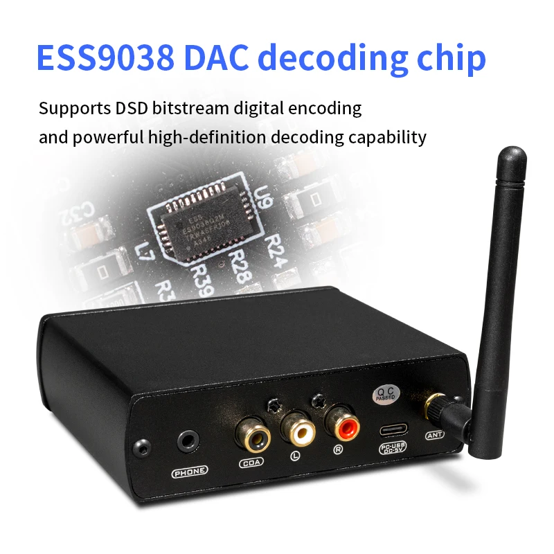 Bluetooth 5.1 DAC Receiver, QCC5125 ESS9038 HiFi Decoder LDAC aptX-HD DSD USB with OLED Display RCA 3.5mm Out view 3
