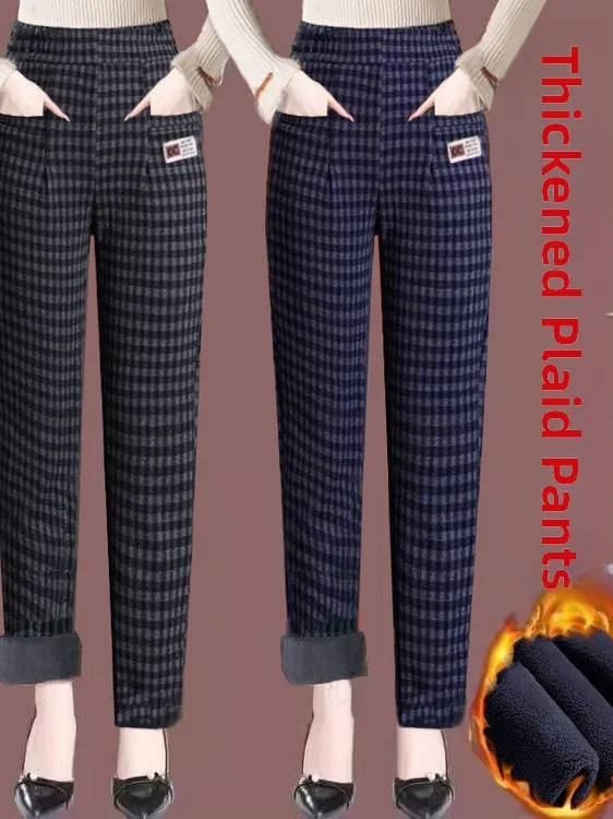 

Осень-зима, шерстяные женские повседневные брюки с эластичной резинкой на талии, свободные утягивающие брюки в клетку Харлан большого размера на подкладке