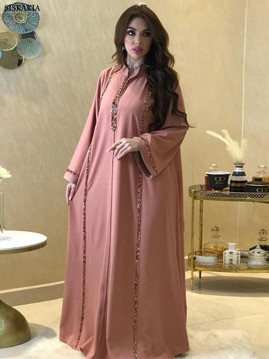 

Siskakia Ramadan Abaya Femme Musulmane Moroccan Caftan For Woman Fashion Solid Diamonds Full Sleeve Loose Turkish Dubai Robe