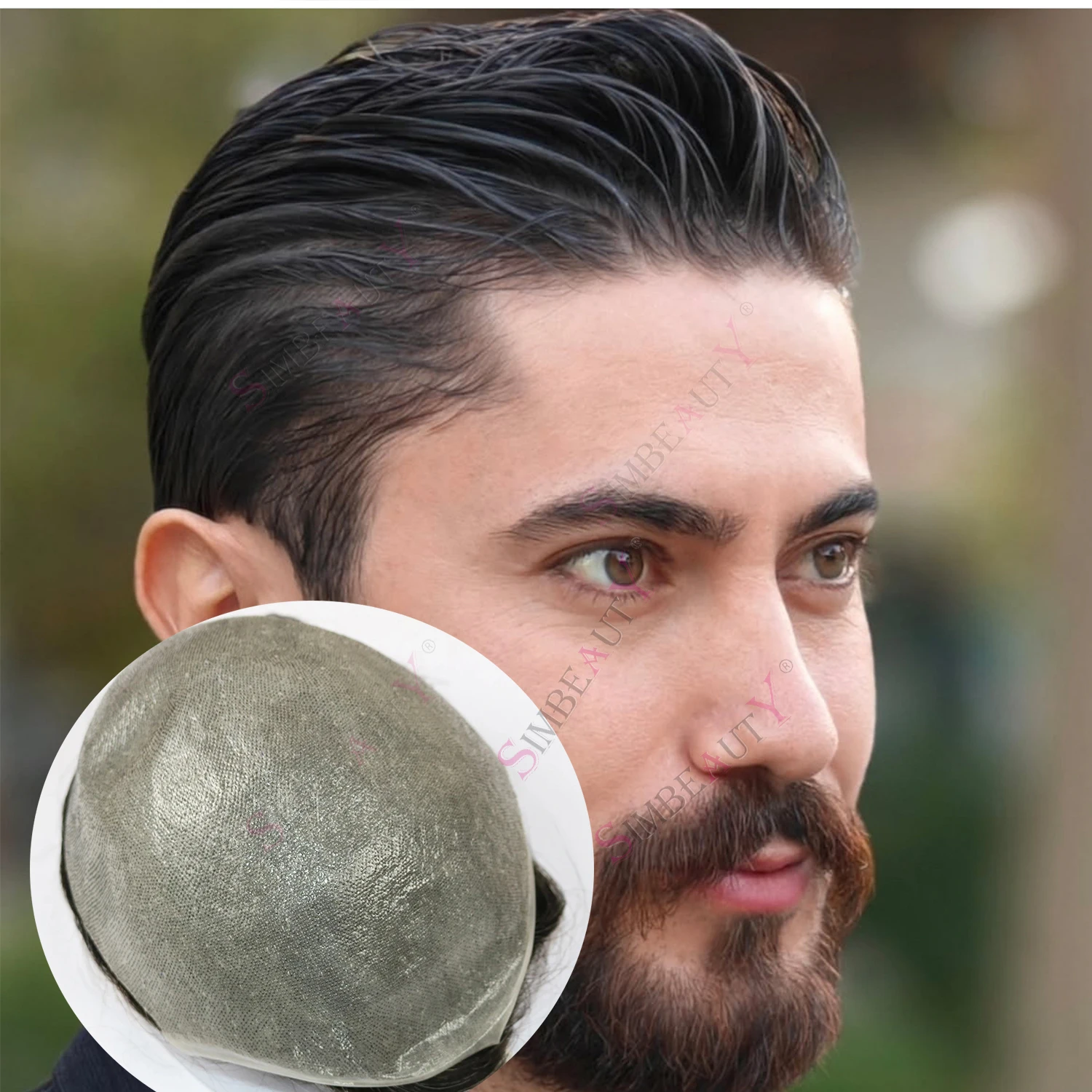 خط شعر طبيعي 0.02-0.04 ملم جلد رقيق للغاية 90% كثافة شعر مستعار للرجال غير مرئي 410 # 310 # شعر مستعار بشري بني أشقر رمادي اللون للرجال #1