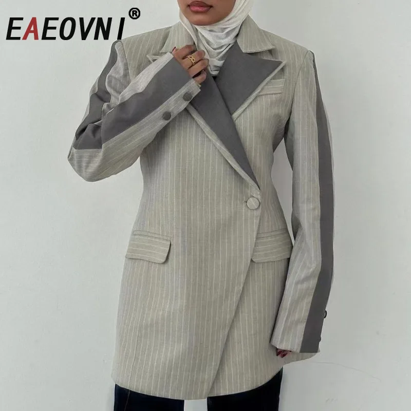 

EAEOVNI 2025 Fashion Design Striped Suit Blazer For Women Contrast Color Collar Double Button Waist Coat Office Lady 1A1118