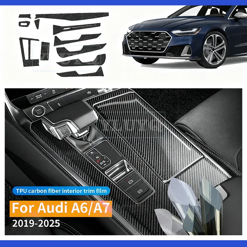 

For Audi A6 A7 2019 2020 2021 2022-2025 Gear Shift Door Handle Interior TPU Film Sticker Carbon Texture Protective Anti-scratch