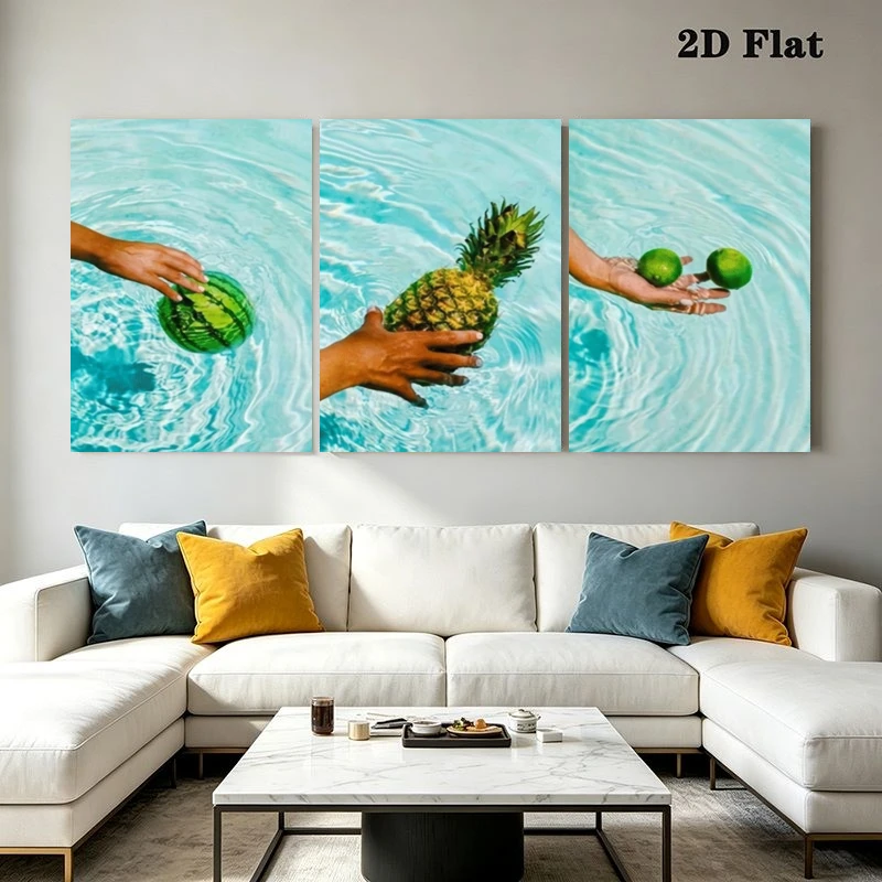 2D Flat, 2D Flat, 3pcs Modern Tropical Fruit Art, Watermelon Pineapple Lime Hands Pool Water Theme, less No  Wall Art Print,